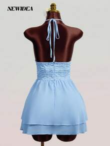 Elegantes Boho-Kleid für Damen mit Neckholder, ärmellos, kurzer A-Linie, rückenfreiem, gestuftem Volant, aus gewebtem Stoff für Picknick, Gartenparty, Wochenendausflug, Lässig-Ausflug