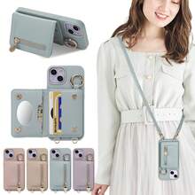 Notebook Style One Shoulder Fashion Smartphone Protective Case, Shoulder Strap, Ring Holder, Notebook Style Mirror, Women, Lightweight, PU Leather Smartphone Protective Case With Stand Function, Horizontal Stand Function, Wallet, Ring Holder, Adjustable Length, Zipper, Lightweight, Shock-Resistant