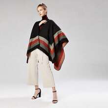 Women's Warm Shawl Wrap Cape Winter Cardigan Sweaters Open Front Poncho - A2-黑色(條紋) - 查看 3