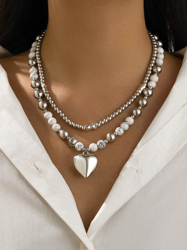 2pcs Heart Pendant Necklace, European And American Hip-Hop Style Beaded Choker Necklace Accessories - Suitable For Daily Wear, Parties, Christmas, New Year, Valentine's Day Gifts