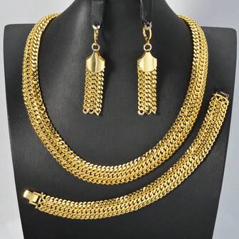 3pcs Fashionable Elegant 24K Gold Woven Necklace Bracelet Earring Jewelry Set Suitable For Women Daily Parties Wear All Season Jewelry