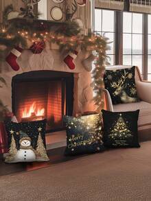 4pcs Gold Christmas Pillow Covers, Elegant Christmas Pillow Shams With Snowman, Reindeer And Christmas Tree Cartoon Designs, Polyester Single-Sided Printed Cushion Covers For Christmas Holiday Home Decor, Suitable For Sofa, Bed, Chair, Bedroom, Living Room, Farmhouse Porch, Machine Washable With Zipper Closure, Pillow Insert Not Included - Gold - View 10