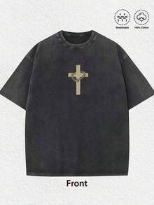 1 PCS Religious "Jesus With Crown Of Thorns" Graphic Tee: Featuring Distressed Vintage Finish, Front Cross Print Adorned With Crown Of Thorns, Back Artistic Portrait Of Jesus Wearing Crown Of Thorns, Crafted From Breathable 100% Cotton, Perfect For Infusing Spiritual & Nostalgic Vibes Into Outfits During Easter Celebrations, Church Events, Or Daily Wear Men's Round Neck Printed Short Sleeve Casual Everyday T-Shirt, They Are Excellent Gifts For Friends And Family, 100% Cotton T-Shirts Feature, A Youthful And Fashionable Design, Graphic Tees Men, Graphic Tees Women, Cachorro Feliz, Back To School - 黑色 - 查看 2