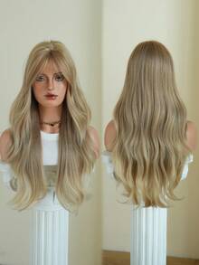 AKAKO 24 Inch Flax Blonde Long Wavy Wig With Curtain Bangs, High Quality Heat-Resistant Fiber Synthetic Wave Curly Hair Wig, Gorgeous Goth Style Costume Wigs For Women Halloween Party Masquerade Ball,Music Festivals & Carnival Use - 亞麻金 - 查看 5