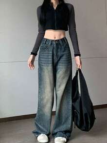 Women's High Waist Loose Straight Leg Dark Blue Denim Jeans