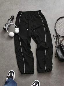 Men's Striped Loose Straight Leg Sweatpants, Casual Workout Pants For Gym, Fitness, Outdoor, Running, Daily Wear, Spring & Autumn - màu đen - Xem 8