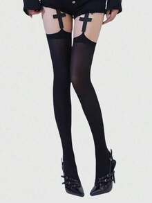 1 Pair Of Gothic Style Deep Black Cross Pattern Garter Stockings, Perfect Gift For Valentine's Day, Christmas, Halloween, Mother's Day - Black - View 5