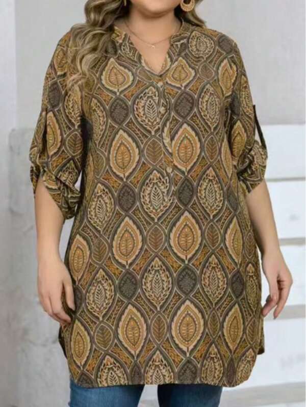 Camisa de mujer de talla grande con cuello alto y manga larga de tela tejida, con patrón único