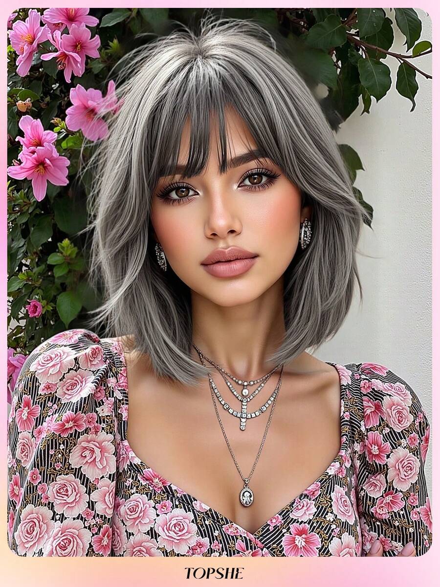 TOPSHE Fashion Natural Looking Wigs 12 Inch Cute Party Dark Grey Short Straight Wigs,Heat-Resistant Synthetic Wig With Bangs For Women, For Party,Cosplay,Halloween Daily Wear - 深灰色 - 查看 1