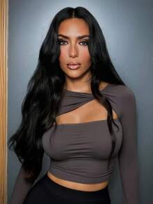 Blusa de punto de unicolor elegante y versátil con cuello asimétrico, abertura y manga acampanada para mujer, adecuada para salir de noche, vacaciones, boda, escuela, vacaciones, oficina, fiesta de cumpleaños, uso diario, Acción de Gracias, Año Nuevo, Día de San Valentín, manga larga - Gris Oscuro - Ver 4