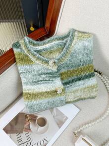 EAVA 女士秋冬系列彩色条纹、法式复古风、青春活力、慵懒时尚撞色可爱针织开衫外套，情人节、女士情人节穿搭、情人节服装 - 綠色 - 查看 10