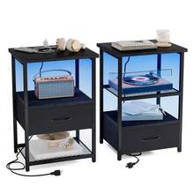 Tomnk 2pcs Modern LED Bedside Table With Charging Station & Fabric Storage Drawers, PU Finish Nightstand For Bedroom - 美規B型插(110-127V) - 查看 12