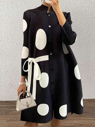 Elegant Stand Collar Black & White Polka Dot Tie-Up Mid-Length Jacket For Women, Fashionable & Age-Reducing, Suitable For Dates, Gatherings, Parties, Christmas, Daily Commute