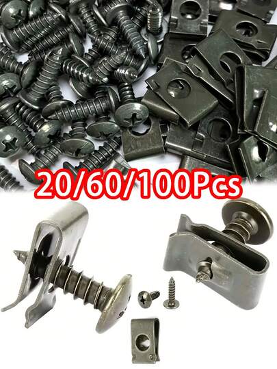 20/60/100pcs Car Screws And Fastener Clips, U-Shaped Screw Bases, Multi-Purpose Automotive Fixing Screws For Securing Seats, Engines, Fenders And Bumpers, Suitable For Cars, Motorcycles, Screw Accessories