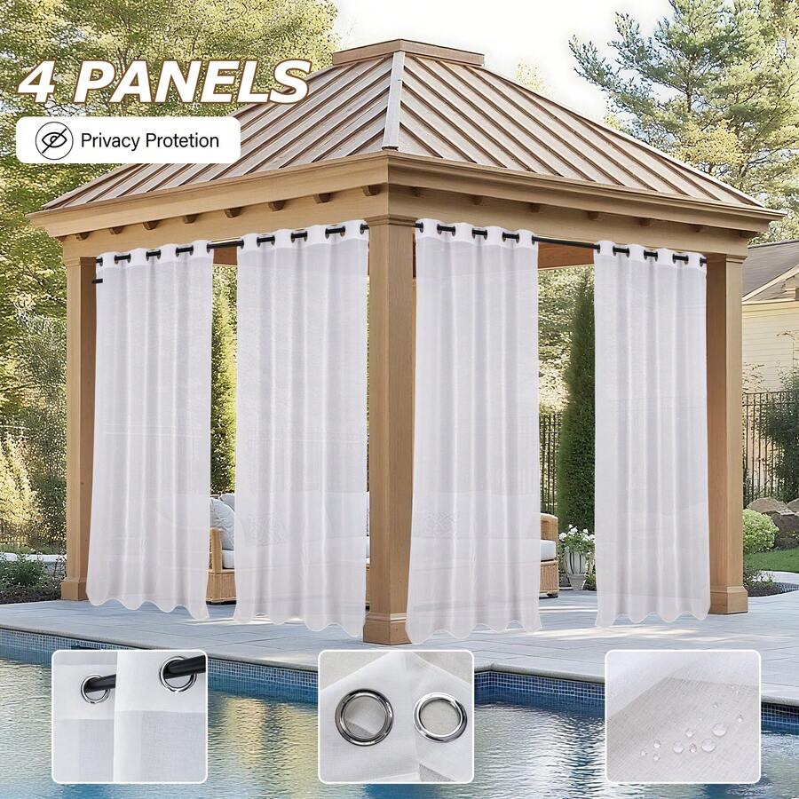 4 Panels Outdoor Sheer Semi-Transparent Curtains For Gazebos, Front Porches, And Pergolas Light-Filtering Privacy Curtains, White - trắng - Xem 1