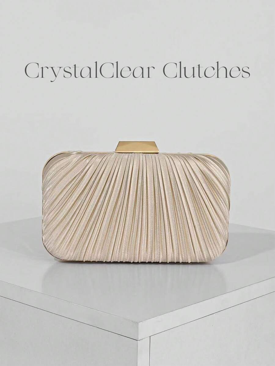 女士优雅/奢华褶皱缎面盒状手拿包，浪漫婚礼派对手提包，迷人/精致晚礼服钱包，简约杏色盒状包，配有可拆卸链条肩带，是节日的理想礼物 - 杏色 - 查看 1