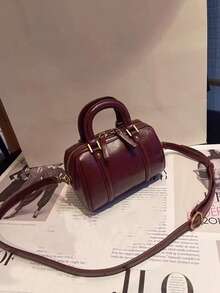 Túi xách da mềm cổ điển dành cho nữ, Túi tote thời trang đa năng dùng hàng ngày, Túi đeo vai hình trụ màu đỏ - Đỏ - Xem 3