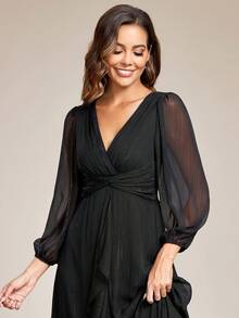 Women's Elegant V Neck Long Sleeves Glitter Twist Knot Ruched Tea-Length Bridesmaid Dresses Wedding Guest Dress For Wedding Semi Formal Dress - Black - View 6