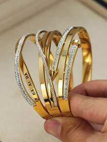 3pcs Luxury High-End Rhinestone Inlaid Gold Bracelets, Roman Numeral Rhinestone Bracelet, Criss-Cross Rhinestone Bracelet, Nail Rhinestone Bracelet/Bangle, Suitable As Birthday Gift For Girlfriend/Best Friend, Party Wear