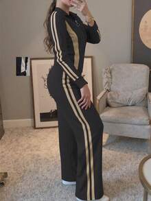 女士条纹印花长袖上衣和休闲直筒裤两件套，秋冬春季 - 深灰色 - 查看 6