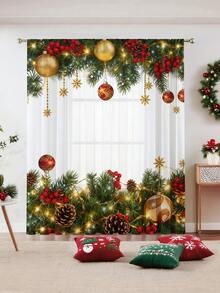 Cortina transparente decorativa com estampa de galhos de pinheiro e frutas natalinas (1 unidade), ideal para sala de estar, quarto, cozinha e decoração de festas de Natal. Gramatura: 100g/m². Ideal para decoração de Natal, decoração natalina e decoração de casa.