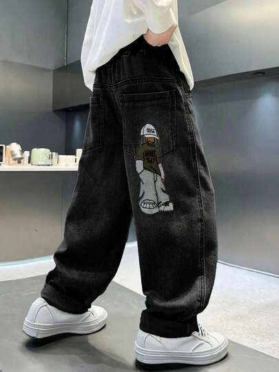 Tween Boy Fashionable Casual Washed Cartoon Embroidered Denim Jeans