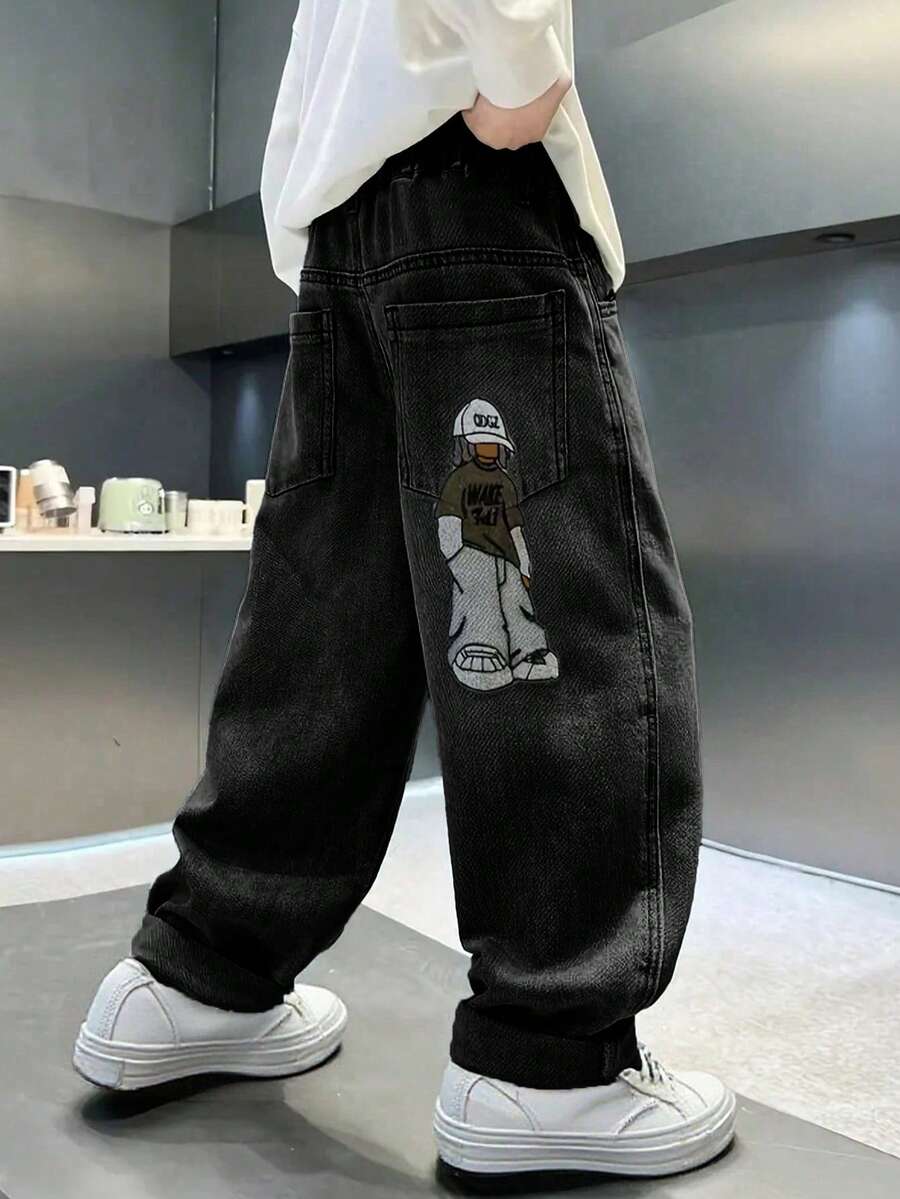 Tween Boy Fashionable Casual Washed Cartoon Embroidered Denim Jeans - Black - View 1