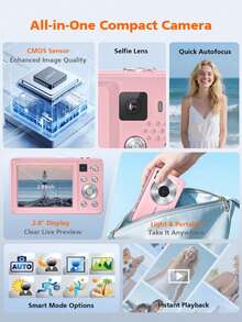 Cámara digital CAMKORY 4K, cámaras de 4K 64MP para fotografía, cámara digital de punto y disparo con doble cámara, enfoque automático, zoom 16X, anti-sacudidas, tarjeta de 32GB, cámara compacta para vlogging para adolescentes y adultos