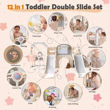 12-In-1 Dual Slide Toddler Swing Set With Basketball Hoop & Music Player, Indoor Outdoor Baby Playground For Ages 1-3 With Telescope, Climber And Tunnel, White - trắng - Xem 2