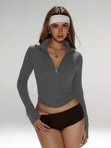 FWH Women's Slim-Fit Breathable Workout Set For Outdoor Running, Sun Protection Zipper Stretchy Simple Slimming Fashionable Sexy High-Quality Basic Streetwear Elastic Leisure Unique Color Fairness-Enhancing Elegant Tight Thermal Lined Long-Sleeve Yoga Jacket - Grey - View 3