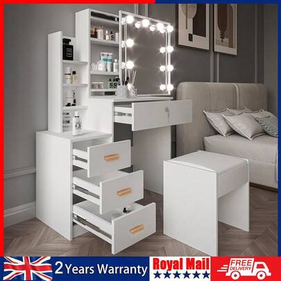OYAJIA Vanity Desk Dressing Table Stool Set With LED Dimmable Mirror,White Makeup Vanity Table Vanity Desk With Lights And Drawers For Adults Women Girls Bedroom,USB Powered,135*80*36CM