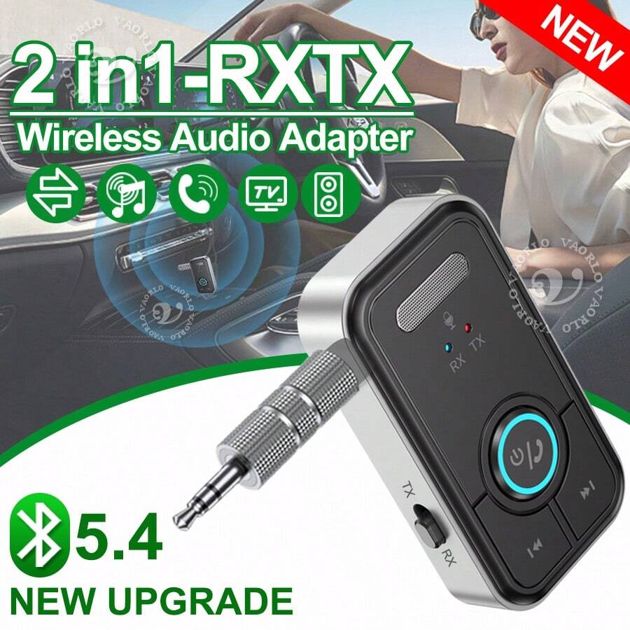 VAORLO 升级版蓝牙 5.4 音频接收器发射器 3.5 毫米 AUX HiFi 立体声音乐无线音频适配器带麦克风免提通话车载套件扬声器蓝牙耳机电视电脑飞机