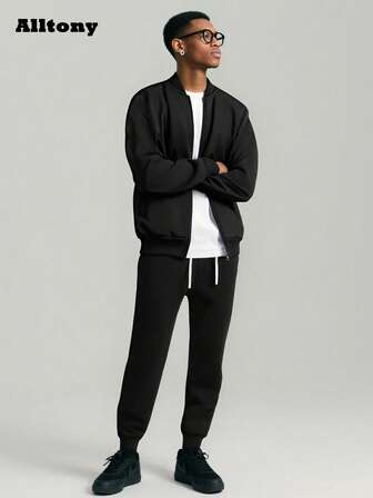 Alltony 男士秋冬运动套装，长袖拉链口袋夹克宽松版型，抽绳运动裤两件套，时尚休闲装，适合慢跑、旅行、户外、通勤