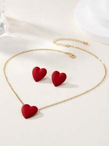 1 Pc Women's Fashionable Red Heart Pendant Necklace, 1 Pair Women's Fashionable Red Heart Stud Earrings - 紅色 - 查看 13