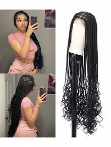 37 英寸全双蕾丝前部无结盒状编织假发，适合女士，带婴儿头发，超长辫子假发，带卷发尾，蕾丝前部编织合成假发