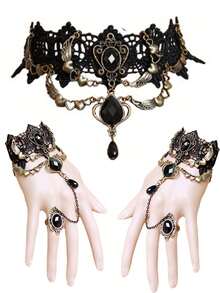 3pcs Gothic Halloween Punk Lace Necklace, Bracelet & Finger Ring Set For Women