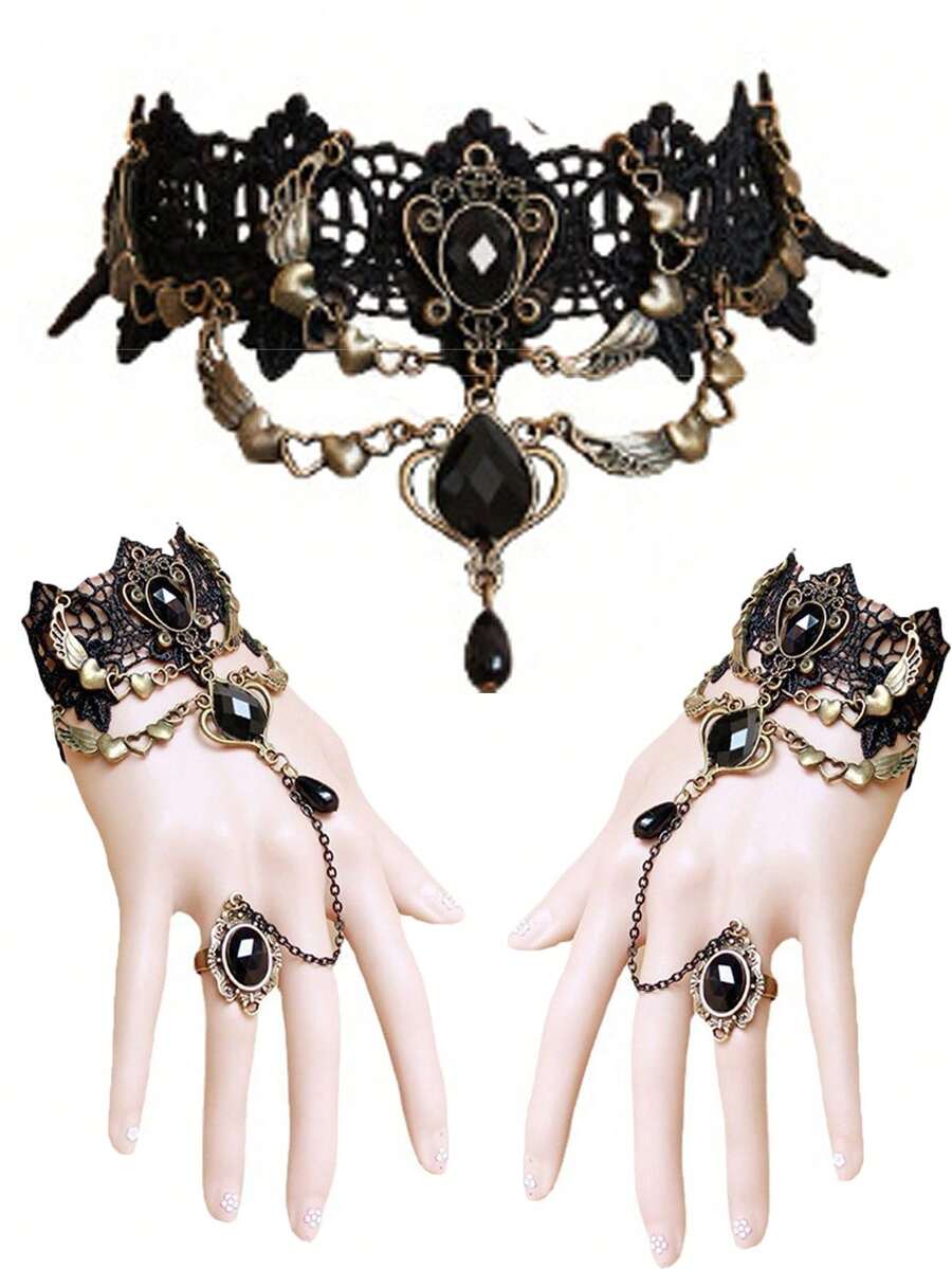 3pcs Gothic Halloween Punk Lace Necklace, Bracelet & Finger Ring Set For Women