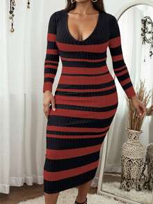 Plus Size Women Ribbed Print Long Sleeve Ribbed Knit Dress, Slimming, Spring/Autumn - Multicolor - View 1