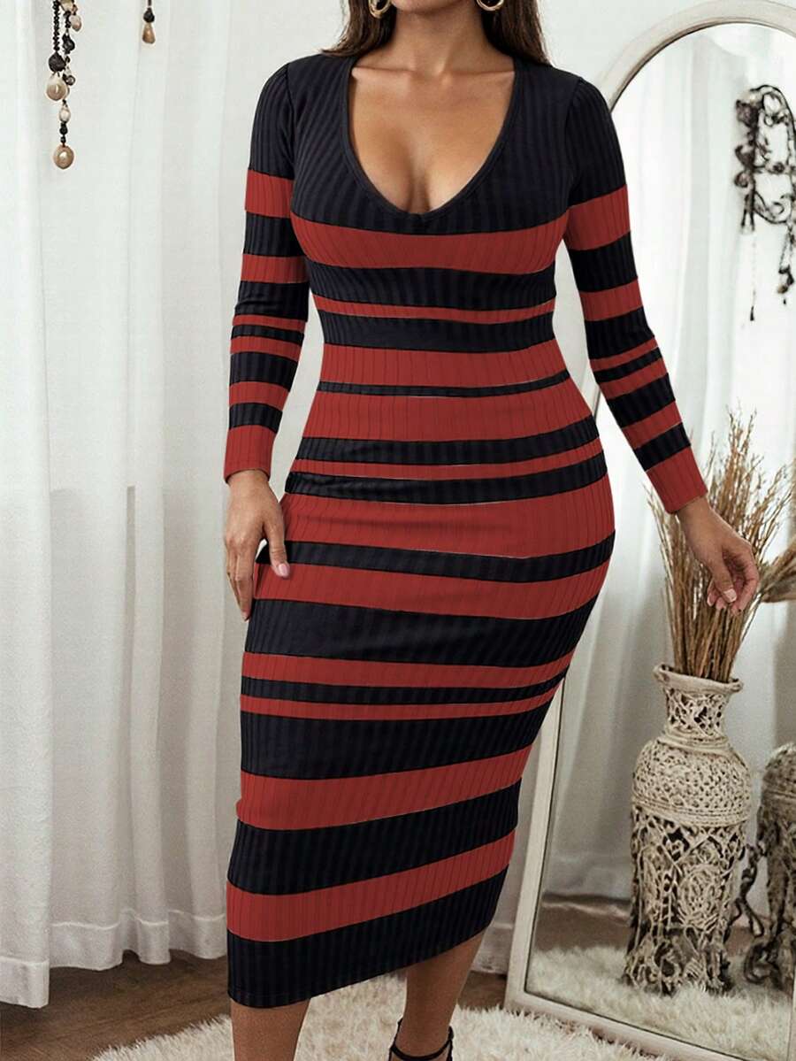Plus Size Women Ribbed Print Long Sleeve Ribbed Knit Dress, Slimming, Spring/Autumn - Multicolor - View 1