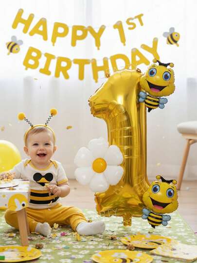 Set de 4 piezas de decoración de globos con temática de abeja para fiesta de cumpleaños, globos números del 0 al 9 de 32 pulgadas en dorado y verde, globos mini de abeja, globos mini de margarita blanca, adecuado para decoración de cumpleaños y baby shower