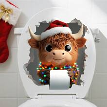 1pc Christmas Toilet Sticker - Funny Highland Cow And Cat Bathroom Decor, Vinyl Toilet Sticker, Toilet Decor Sticker - Multicolor - View 9