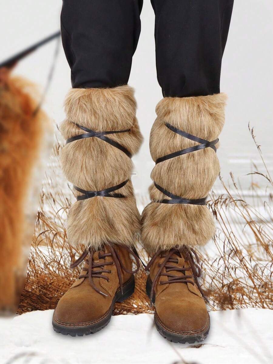 2 pièces Jambières en fausse fourrure marron pour costume de Viking femme. Jambières en fourrure pour costume de Viking femme avec sangles - Tabac - Voir 1