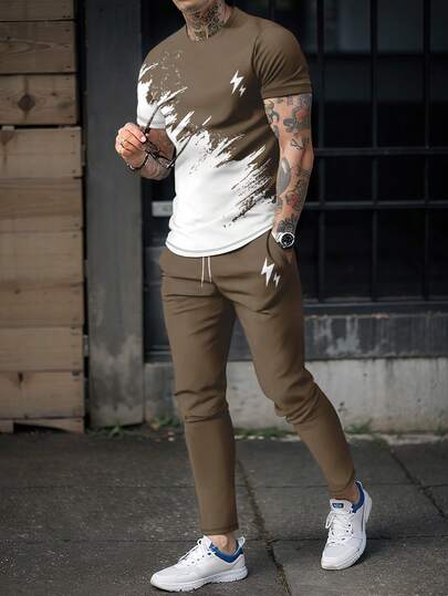 Men's Printed Crew Neck Short Sleeve T-Shirt And Pants Set
