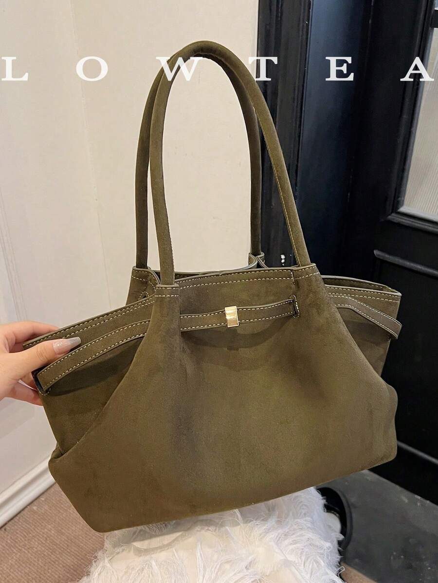 1 pièce Sac à bandoulière en tissu de suédine de couleur unie, sac fourre-tout vintage à grande capacité pour femmes, décoration de sangle, fermeture magnétique, sac à main avec design à double poignée, fermeture à pression, convient pour les voyages, les achats, les rendez-vous, les cadeaux pour femmes, convient aux adolescentes, aux étudiantes, aux débutantes et aux employées de bureau, parfait pour le bureau, le campus, le travail, les affaires, les déplacements, l'extérieur, les voyages, les sorties