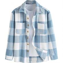 Men's Plaids Long Sleeve Button Down Lightweight Flannel Shacket Wool Blend Casual Shirt With Pockets, Vintage-Inspired Style - 格子藍 - 查看 1