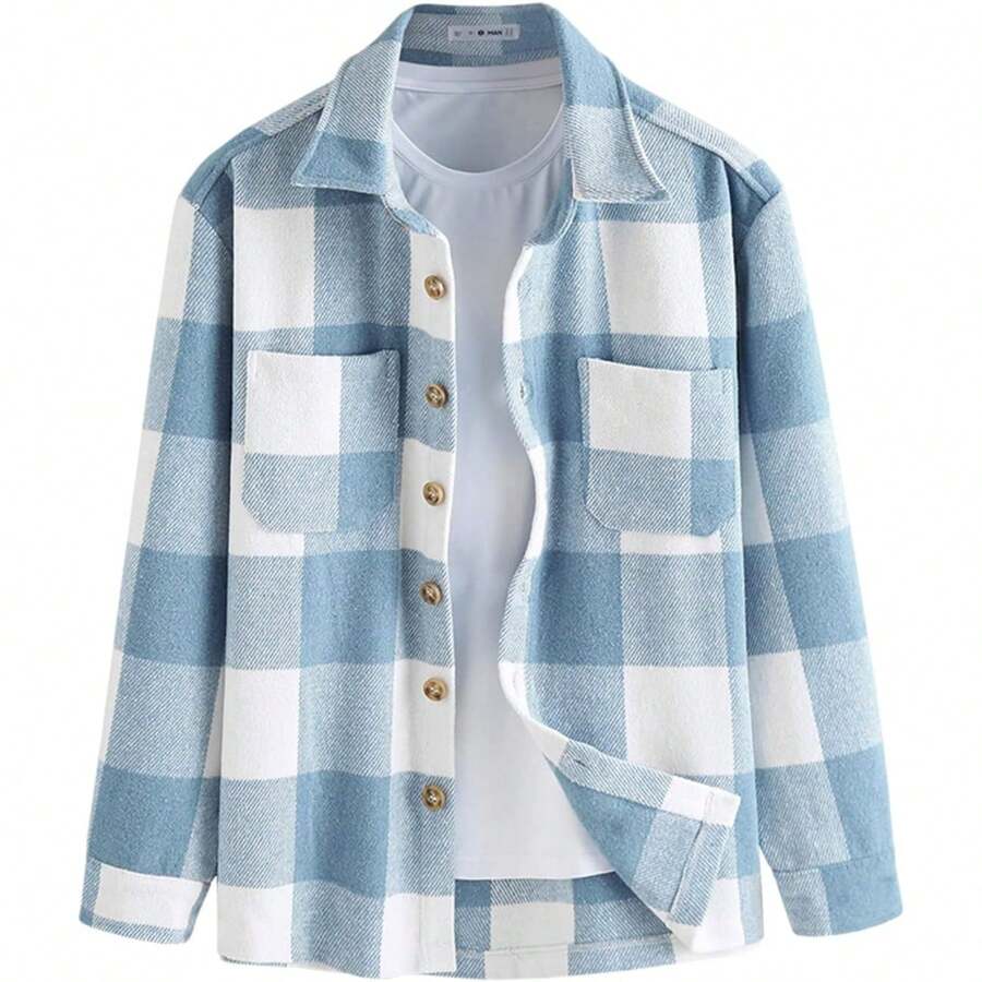 Men's Plaids Long Sleeve Button Down Lightweight Flannel Shacket Wool Blend Casual Shirt With Pockets, Vintage-Inspired Style - 格子藍 - 查看 1