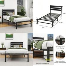 Twin Size Bed Frame With Rustic Vintage Wood Headboard Strong Metal Slats Port Heavy Duty Metal Platform Bed Frames No Box Spring Needed Mattr Foundation Black - 雙床+黑-黑 - 查看 1
