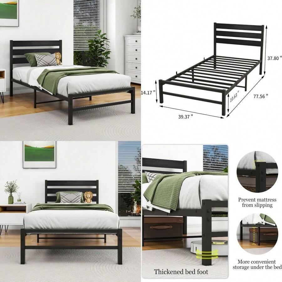 Twin Size Bed Frame With Rustic Vintage Wood Headboard Strong Metal Slats Port Heavy Duty Metal Platform Bed Frames No Box Spring Needed Mattr Foundation Black - 雙床+黑-黑 - 查看 1