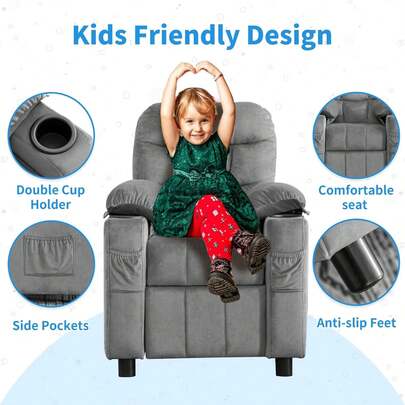 Child Reclining Chair, Toddlers Recliner Sofa With Cup Holders,Toddlers Recliner Chair With Cup Holder,Big Kids Recliner For Ages 3+,Sofa For Boys & Girls Bedroom