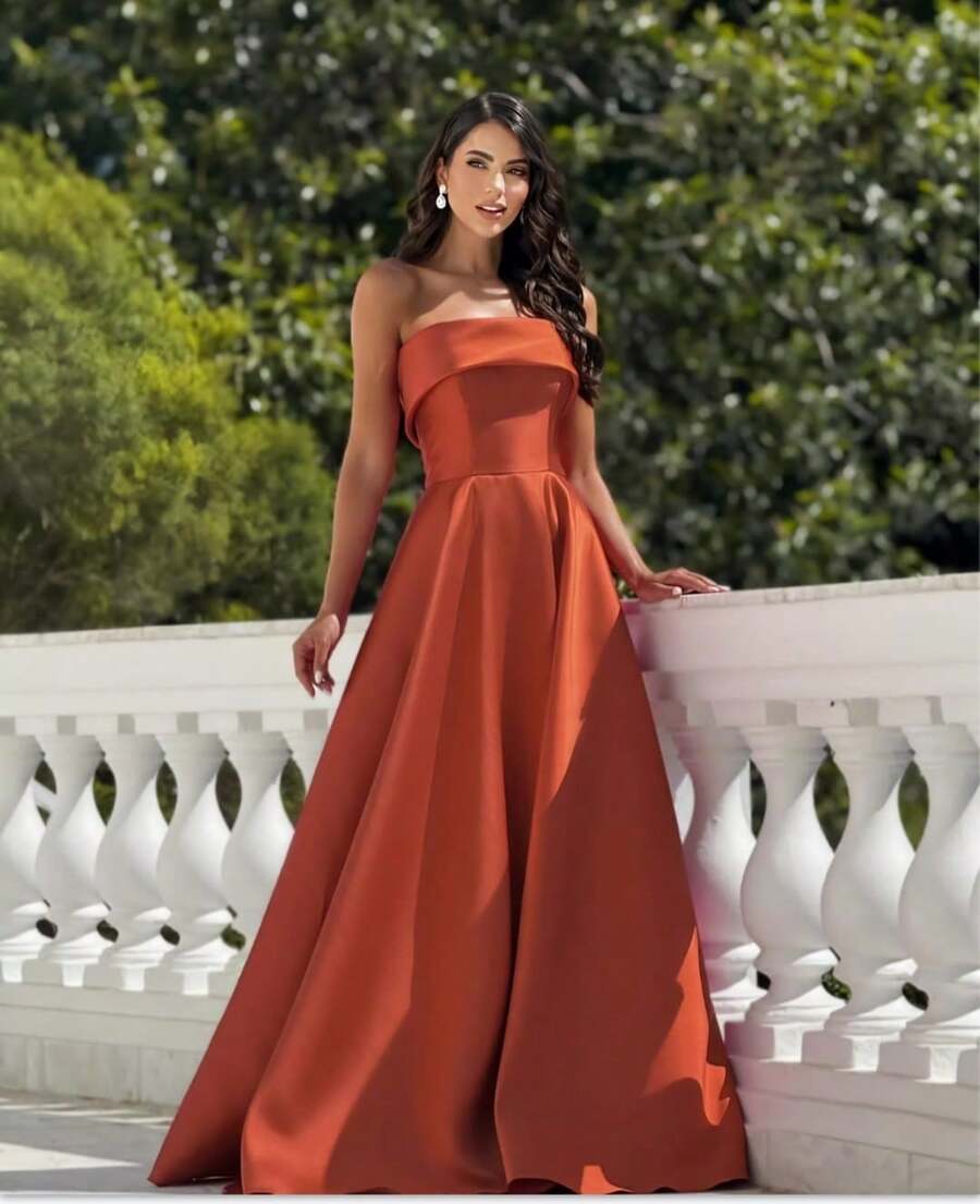 Long Strapless Dress Graduation Party Wedding Night - Burnt Orange - View 1